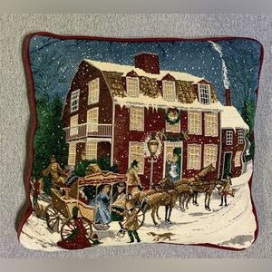 La France Home Winter Snow Scene Christmas Pillow-Horse Carriage/Family 16x16”
